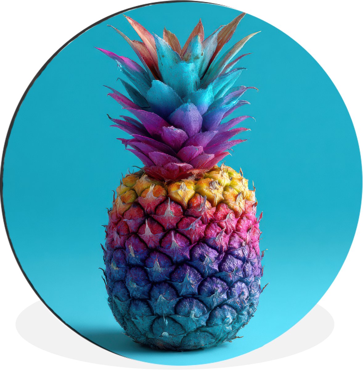 WallCircle Wandcirkel - Muurcirkel - Ananas - Regenboog - Blauw - Popart - Aluminium - Dibond - 140x140 cm - Binnen en Buiten