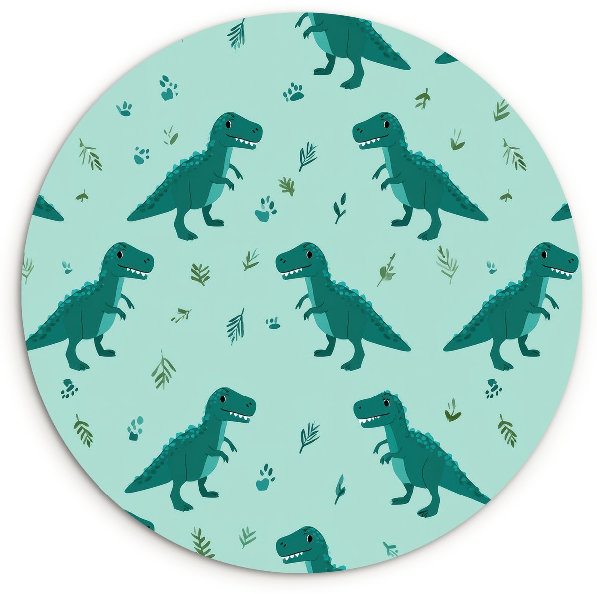WallCircle Wandcirkel 30x30 cm - Muurcirkel Donkergroen - Dinosaurussen - Afdrukken - Bladeren - Muurdecoratie woonkamer - Wanddecoratie slaapkamer - Kamer decoratie accessoires - Ronde schilderijen Dinosaurussen - Bladeren