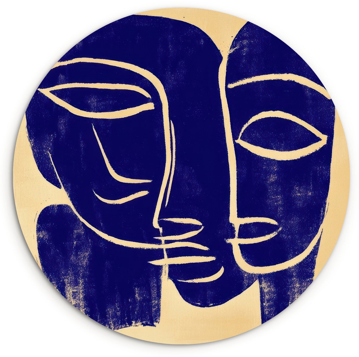 WallCircle Wandcirkel 60x60 cm - Muurcirkel Okergeel - Blauw - Eenvoudige lijnen - Muurdecoratie woonkamer - Wanddecoratie slaapkamer - Kamer decoratie accessoires - Ronde schilderijen Lijnen - Gezichten