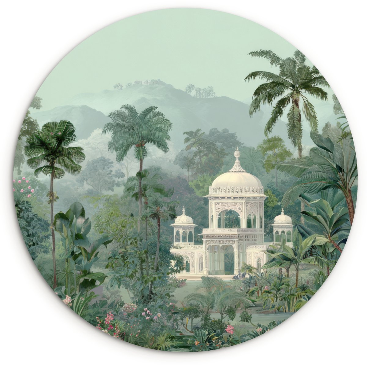 WallCircle Wandcirkel 140x140 cm - Muurcirkel Tropische tuin - Koepelgebouw - Bloemen - Muurdecoratie woonkamer - Wanddecoratie slaapkamer - Kamer decoratie accessoires - Ronde schilderijen Tropisch - Tuin - Koepelgebouw