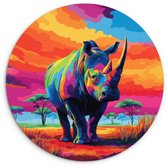 WallCircle® Wandcirkel 60x60 cm - Muurcirkel Neushoorn - Zonsondergang - Savanna - Kleurrijk - Muurdecoratie woonkamer - Wanddecoratie slaapkamer - Kamer decoratie accessoires - Ronde schilderijen