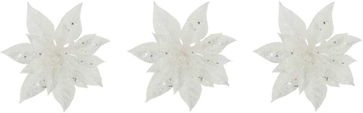Cosy & Trendy Decoratie bloem - 8x stuks - kerstster - op clip - wit - glitter -15 cm - kunststof - kerstversiering