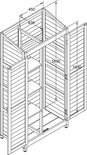 Technische tekening van een houten berging met afmetingen.