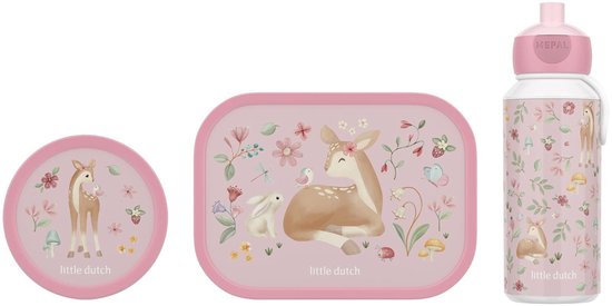 Un ensemble de repas pour enfants rose, composé d'une boîte à lunch, d'un récipient rond et d'une gourde, avec un imprimé de faon et de fleurs.