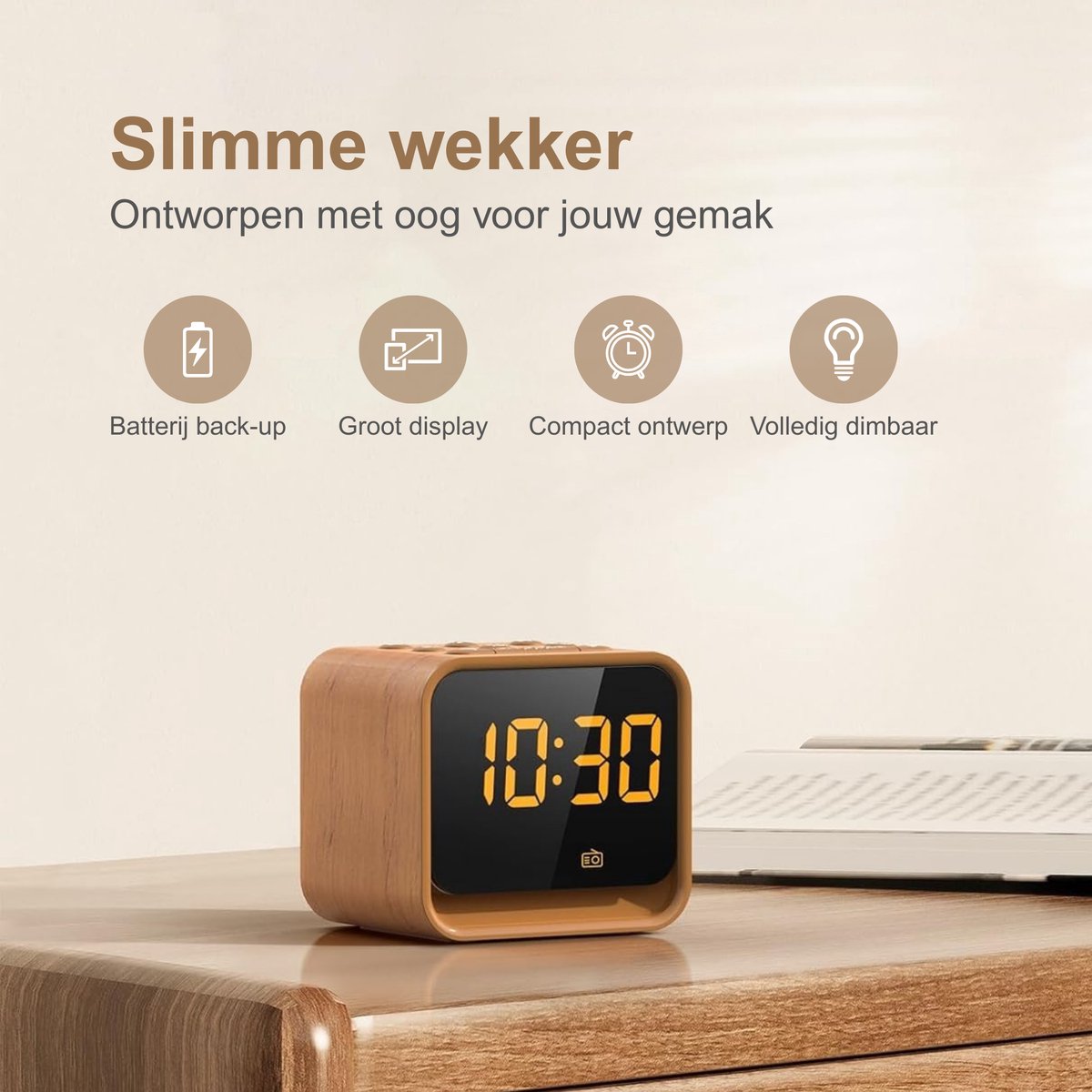 Neveda Digitale Wekkerradio met Nachtlamp licht - Wekkers Digitaal op Netstroom - Slaapkamer - Bruin houtlook — cadeau in Wonen & Interieur - foto 3