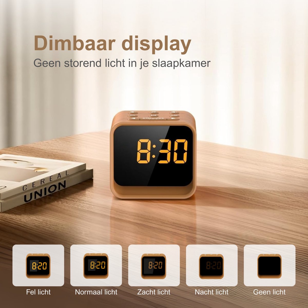 Neveda Digitale Wekkerradio met Nachtlamp licht - Wekkers Digitaal op Netstroom - Slaapkamer - Bruin houtlook — cadeau in Wonen & Interieur - foto 4