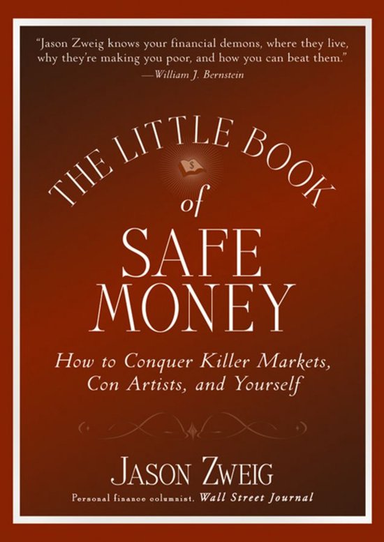 Boek 'The Little Book of Safe Money' van Jason Zweig. Rode kaft met gouden letters.