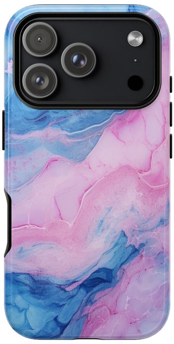 Blauw-Roze Marmerstructuur – Glanzend Stevig Hoesje Geschikt voor iPhone 17 Pro