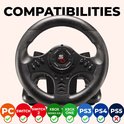 Zwart race stuurwiel met een basis, compatibel met PC, Switch, Xbox Series X/S, Xbox One, PS3, PS4, PS5.