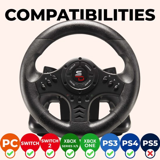 Zwart race stuurwiel met een basis, compatibel met PC, Switch, Xbox Series X/S, Xbox One, PS3, PS4, PS5.
