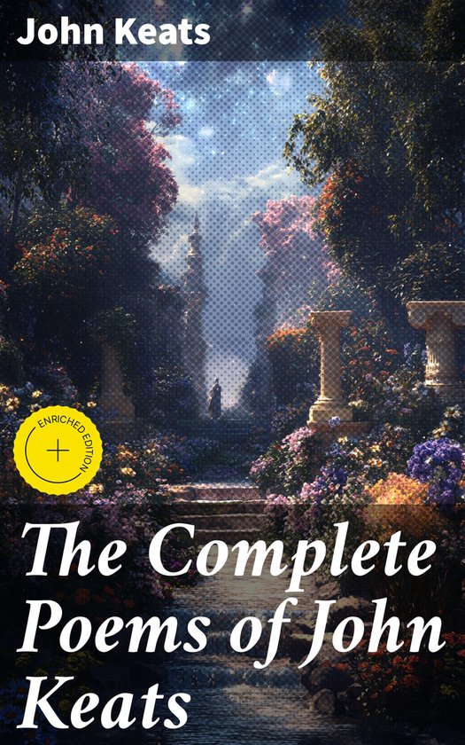 Boekomslag: 'The Complete Poems of John Keats', een rijkelijk geïllustreerde tuin met fontein en een figuur in de verte.
