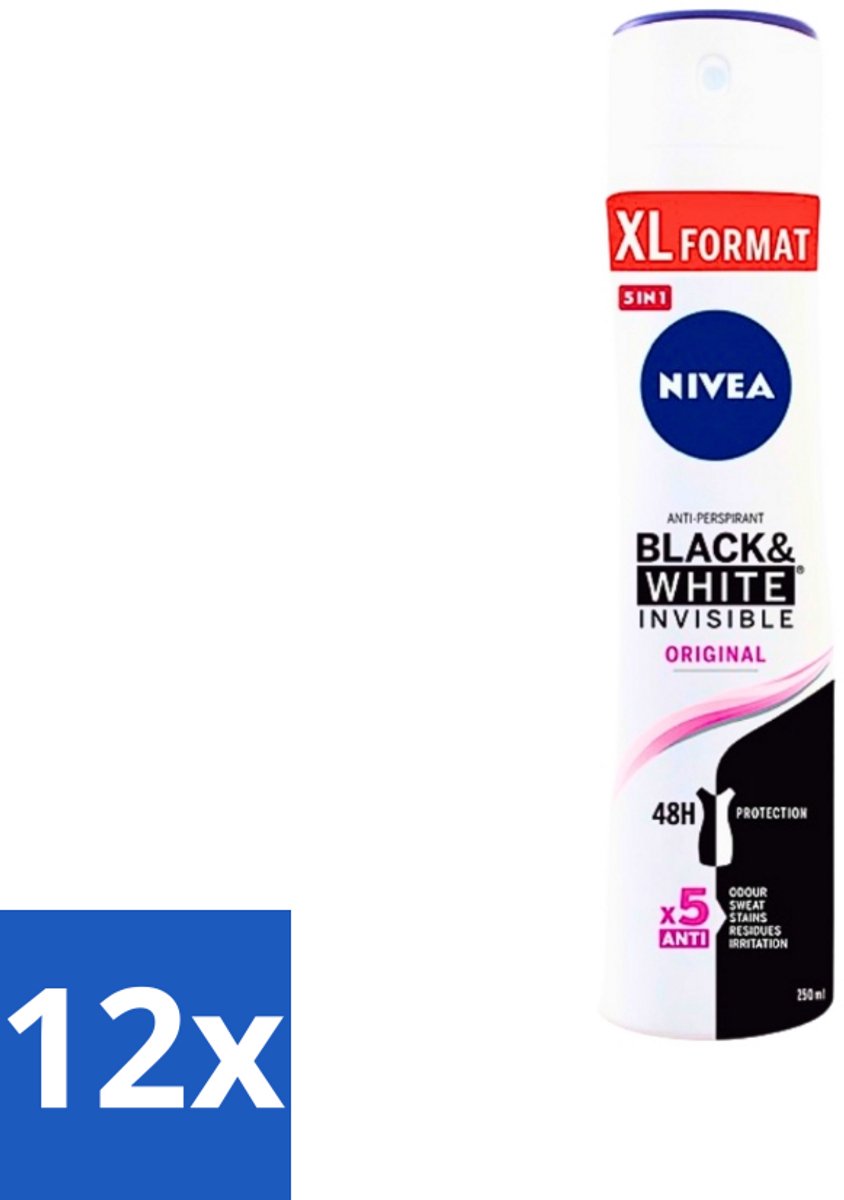 12 x Nivea - Deospray - Invisible Black & White Original - 48 Uur Lang Werkend - 250 ml - Anti-transpirant - Zweetvlekken - Kledingbescherming - Huidvriendelijk - 48 Uur Bescherming