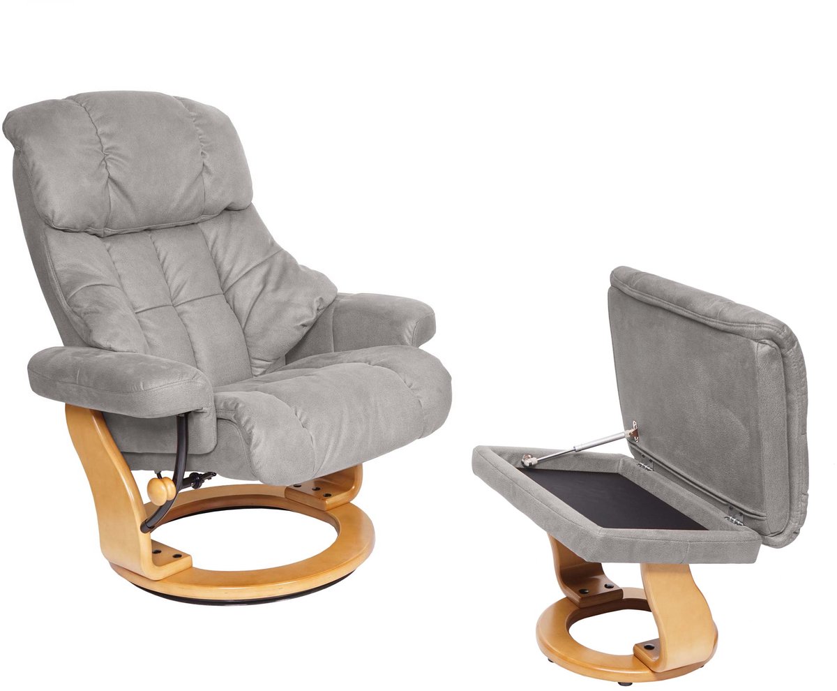 MCA Relaxfauteuil Calgary XXL, TV-fauteuil kruk, 180kg belastbaar stof/textiel ~ lichtgrijs, frame natuurbruin