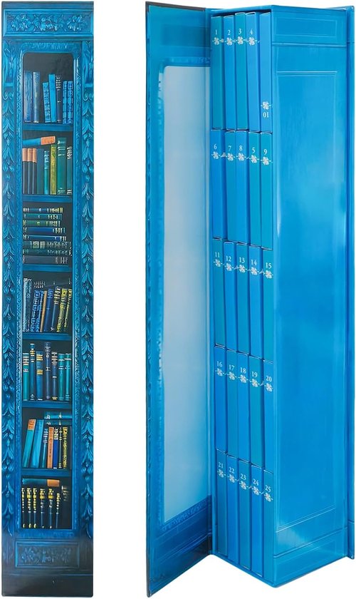Adventskalender 2025 - Magische Boekenplank met 24 Miniboekjes - Kerstkalender voor Boekenliefhebbers - Blauwe Boekenkast Decoratie (39cm)