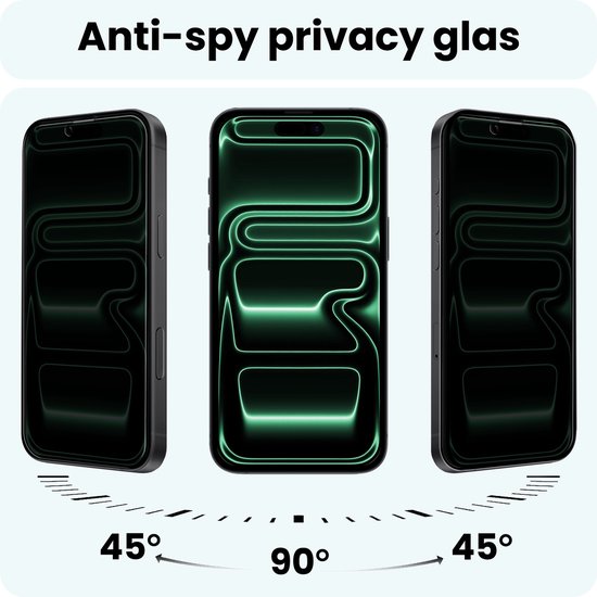 Drie iPhone-schermen van voren en zijkanten, met anti-spionage privacyglas. Toont kijkhoeken van 45° en 90°.