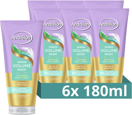 Vijf paarse tubes Andrélon Kokos Volume Boost masker op een rij, met "6x 180ml" op een groene ondergrond.