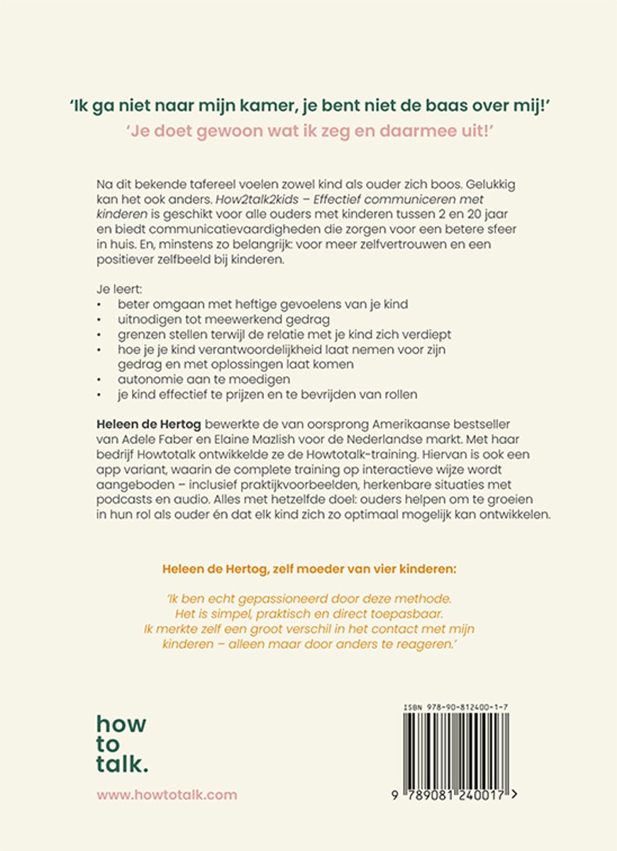 Achterkant boek 'how2talk2kids'. Tekst over effectief communiceren met kinderen en een quote van Heleen de Hertog.