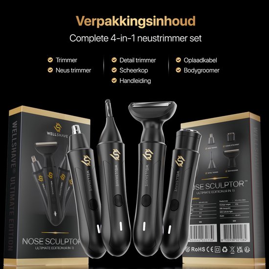 Wellshave 4 in 1 Neustrimmer Ultimate - All In One Wenkbrauw en Oorhaar trimmer - Neustrimmer mannen - Wenkbrauw Trimmer