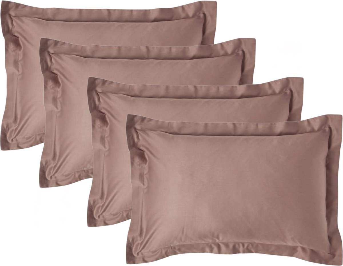 Homescapes Biologisch Kussensloop 50x75 cm met Sierrand – Set van 4 – Bruin – 100% Egyptisch Katoen Satijn – Draaddichtheid 400