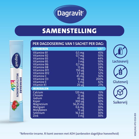 Dagravit Complete start kids sachet en de samenstelling van de drinkbare multivitaminen. Lactosevrij, glutenvrij, suikervrij.