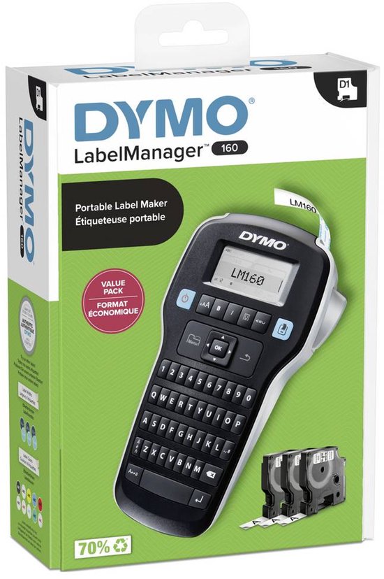 DYMO LabelManager 160-labelmaker | Draagbare labelprinter met QWERTY-toetsenbord | Inclusief zwart-wit D1-etiketten (12 mm) | Voor thuis en op kantoor