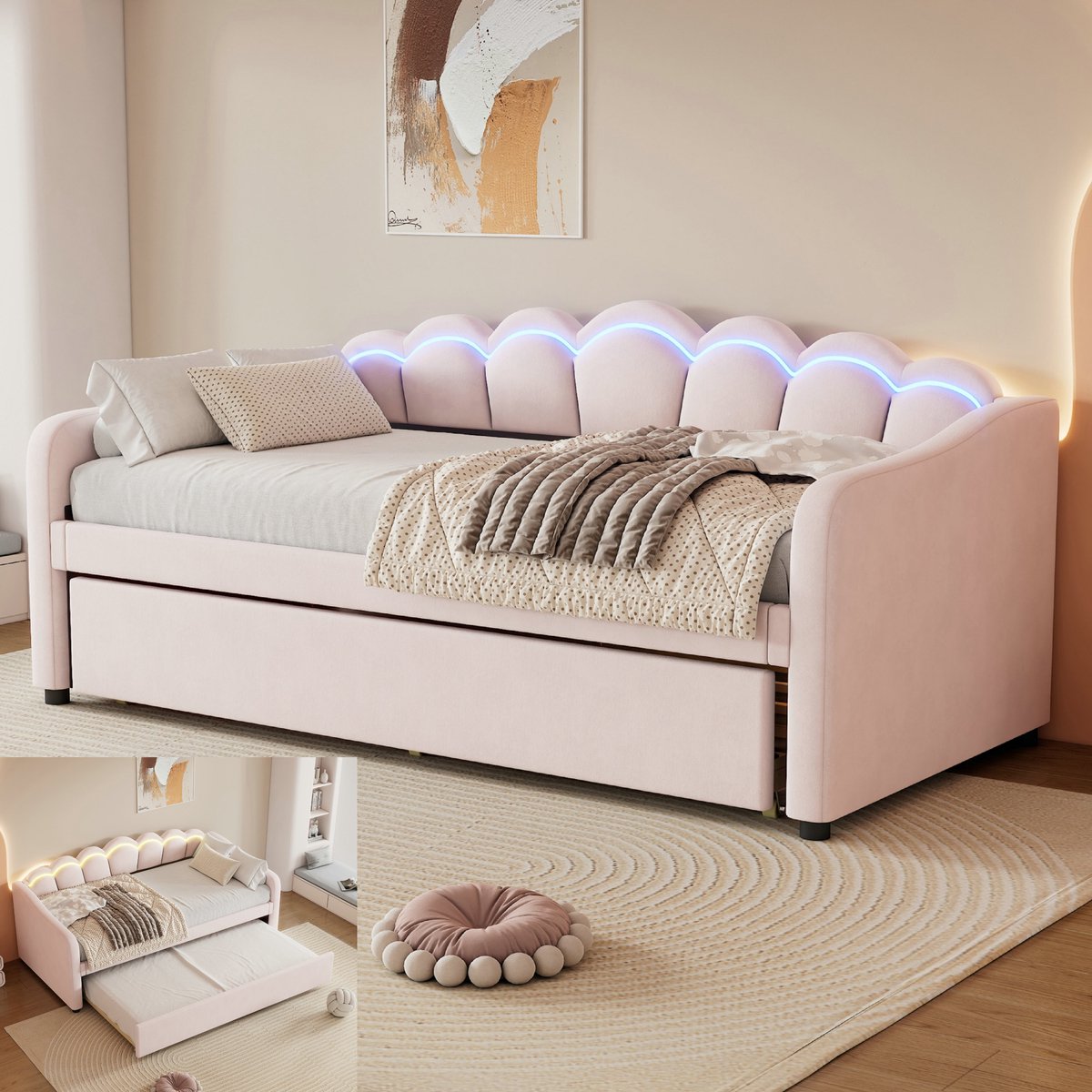 VVBV Slaapbanken 140x200 cm met veiligheidstrap en kledingkast - kinderbed met ijzeren frame en opbergplank - MDF - wit(Zonder matras) roze
