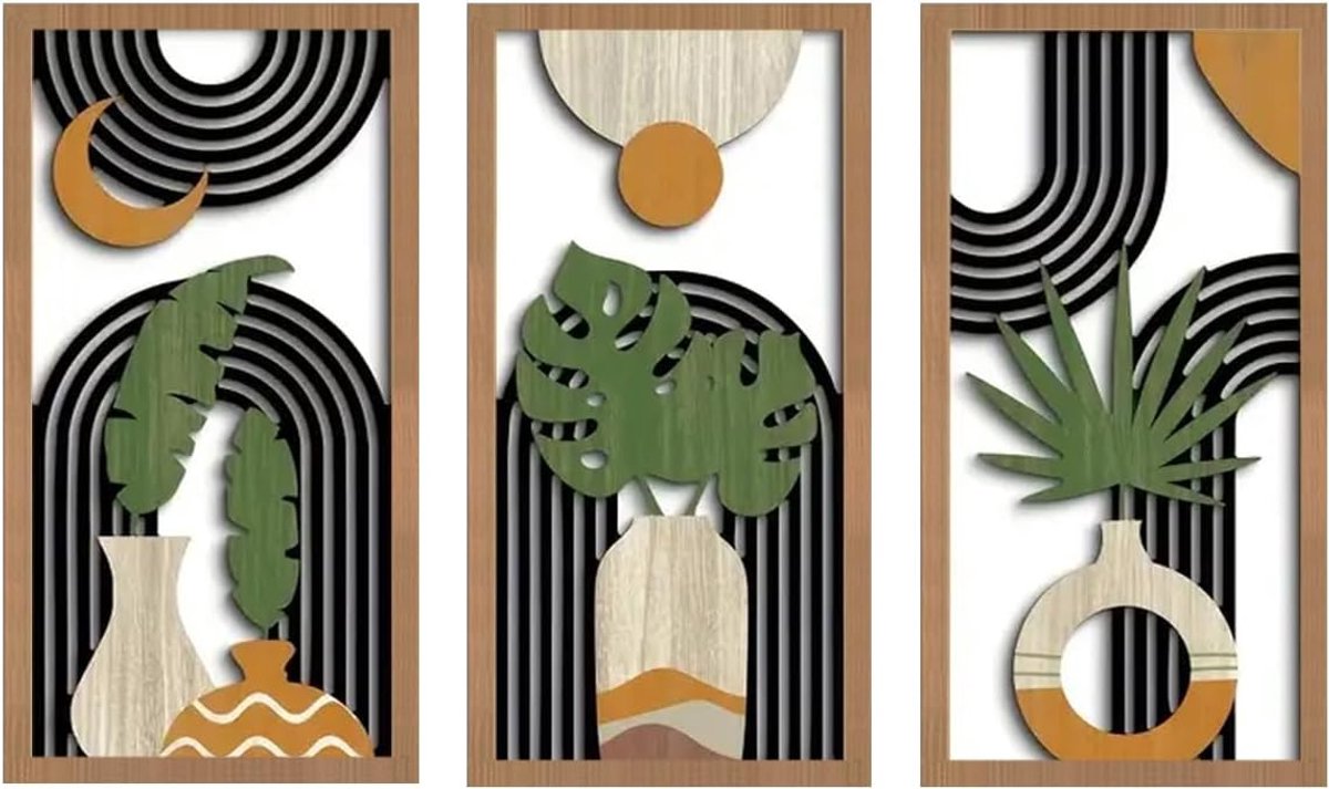 3-delige Houten Muursculptuur – Boho Stijl Wanddecoratie – Palmbladeren, Vazen & Geometrische Patronen - Abstract – Moderne Lichtgewicht Muurkunst – Woonkamer, Slaapkamer, Kantoor – 42x21 cm