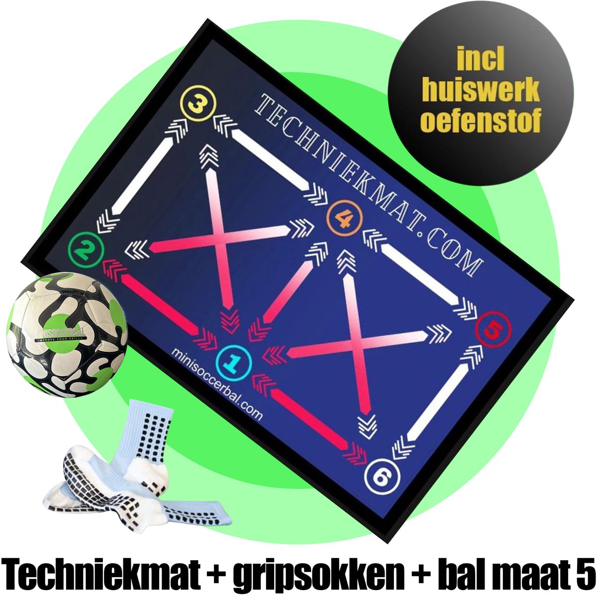 Minisoccerbal Voetbalmat met gripsokken en groene bal - Kleuter - Voetbal Trainingsmat - 40x60CM - verjaardagskado - Met oefeningen