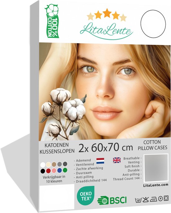 taie d'oreiller Katoen - 60x70 (lot de 2) - Grijs - Taie d'oreiller antibactérienne - Taie d'oreiller coussin - Protège oreiller coton - taie d'oreiller - Protège oreiller - Taies d'oreiller
