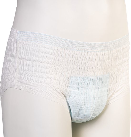 Een witte wegwerp zwembroek met blauwe elastische tailleband en blauwe absorptiepads.