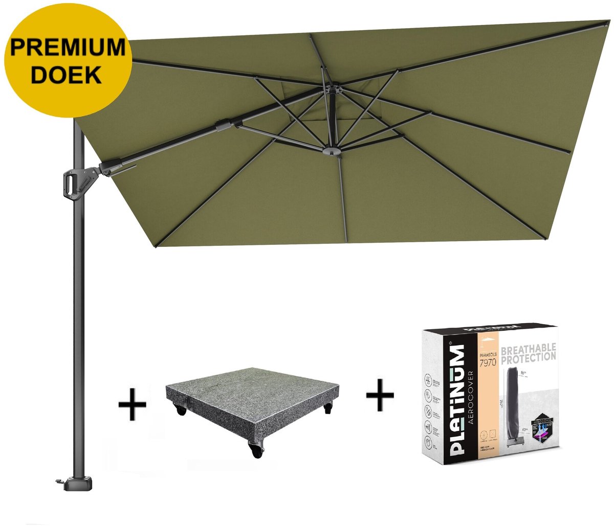 Challenger T2 premium parasol 300x300 cm antraciet lush green met 90 KG voet en hoes