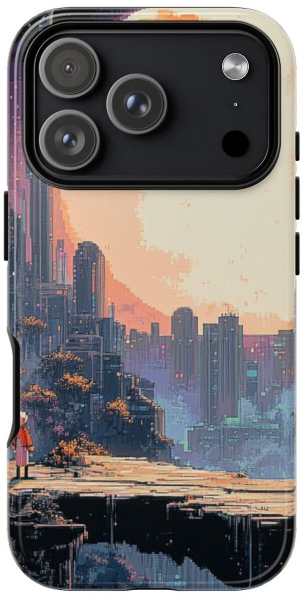 Pixel Art Stadsgezicht met Grote Maan – Telefoonhoesje Geschikt voor iPhone 17 Pro