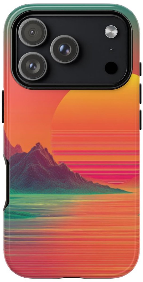 Neon Zonsondergang met Bergen en Zee – Telefoonhoesje Geschikt voor iPhone 17 Pro