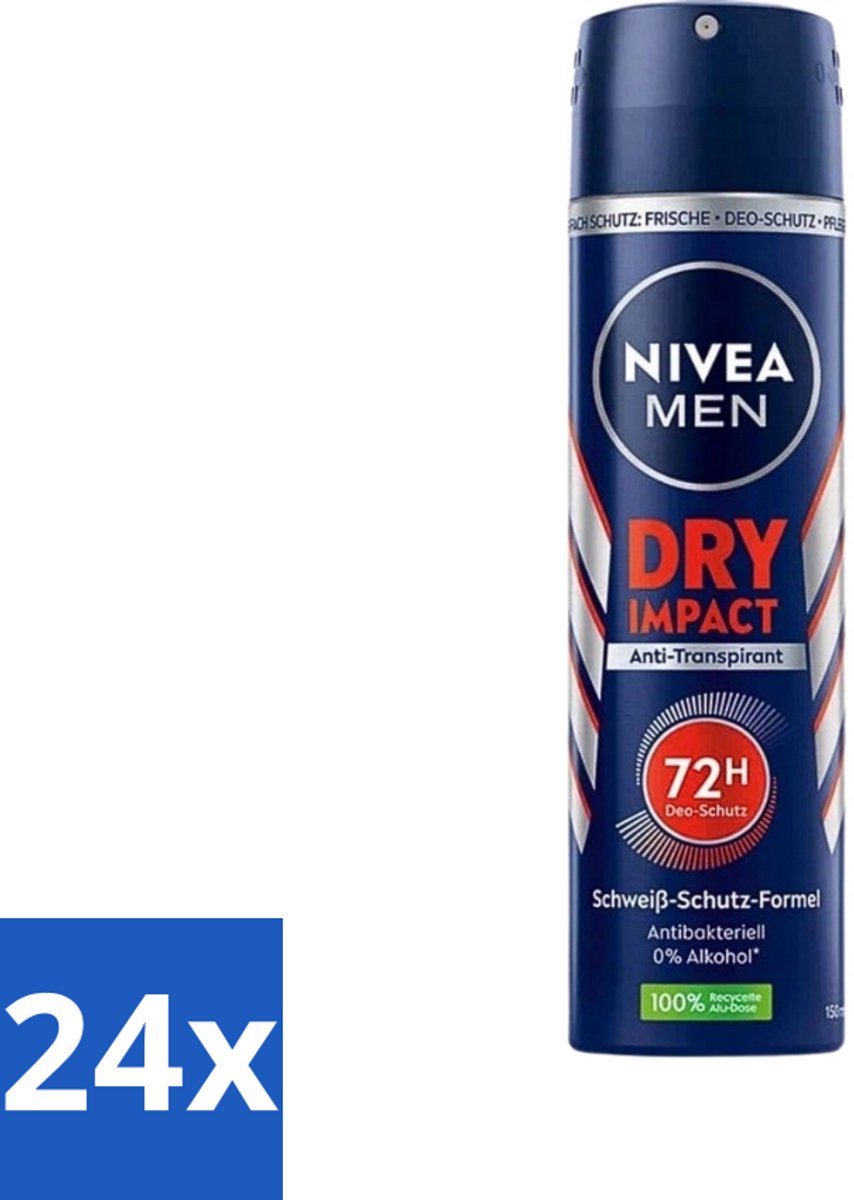 24 x Nivea - Men - Deo Spray - Dry Impact - 48 Uur Lang Werkend - 150 ml - Anti-transpirant - Deodorant Spray - 48 Uur Bescherming - Droogheid - Frisheid