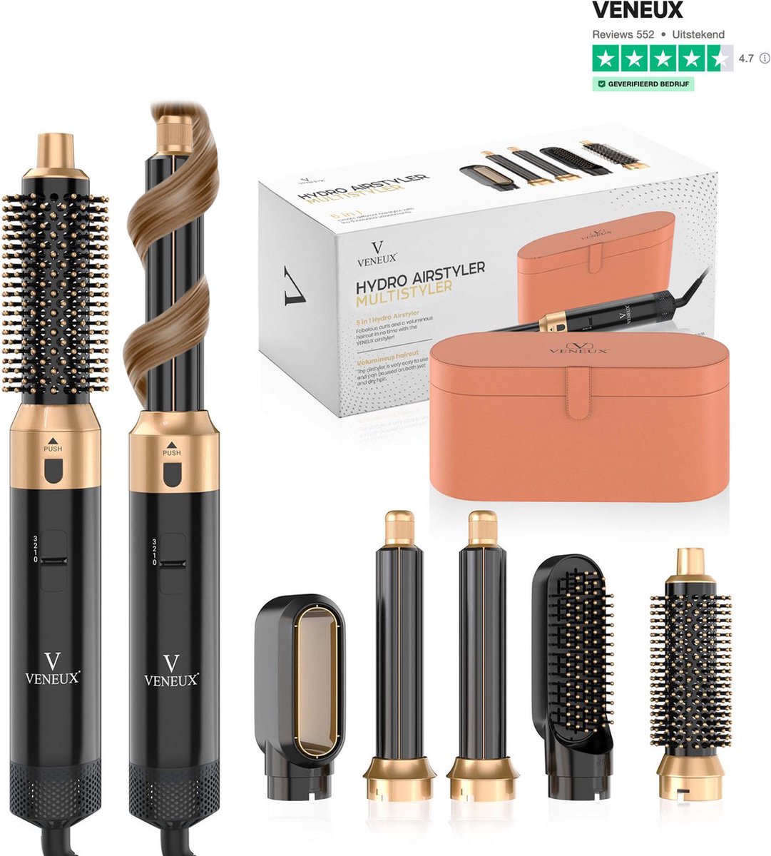 VENEUX® 5 in 1 Föhnborstel - Airstyler - Krulborstel - Multistyler - Diffuser Föhn - Zwart Goud