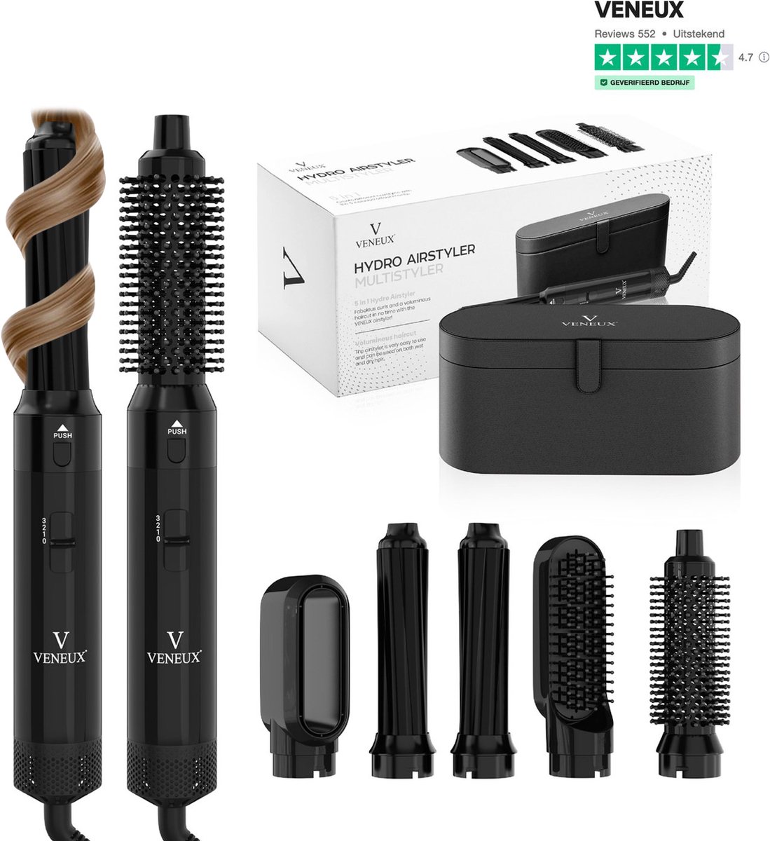VENEUX® 5 in 1 Föhnborstel - Airstyler - Krulborstel - Multistyler - Diffuser Föhn - Zwart