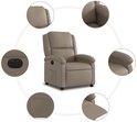 Cappuccinokleurige verstelbare fauteuil van kunstleer, met gedetailleerde weergaven van functies.