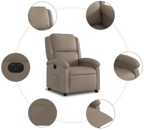 Cappuccinokleurige verstelbare fauteuil van kunstleer, met gedetailleerde weergaven van functies.