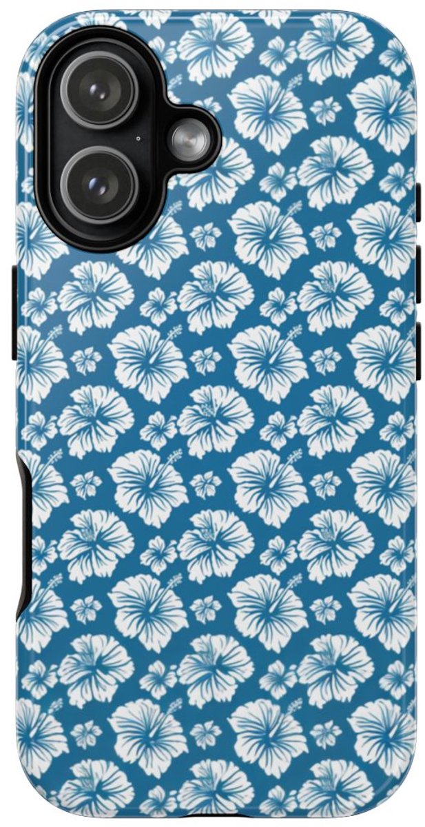 Wit Hawaïaans Bloemenpatroon op Blauw – Telefoonhoesje Geschikt voor iPhone 17