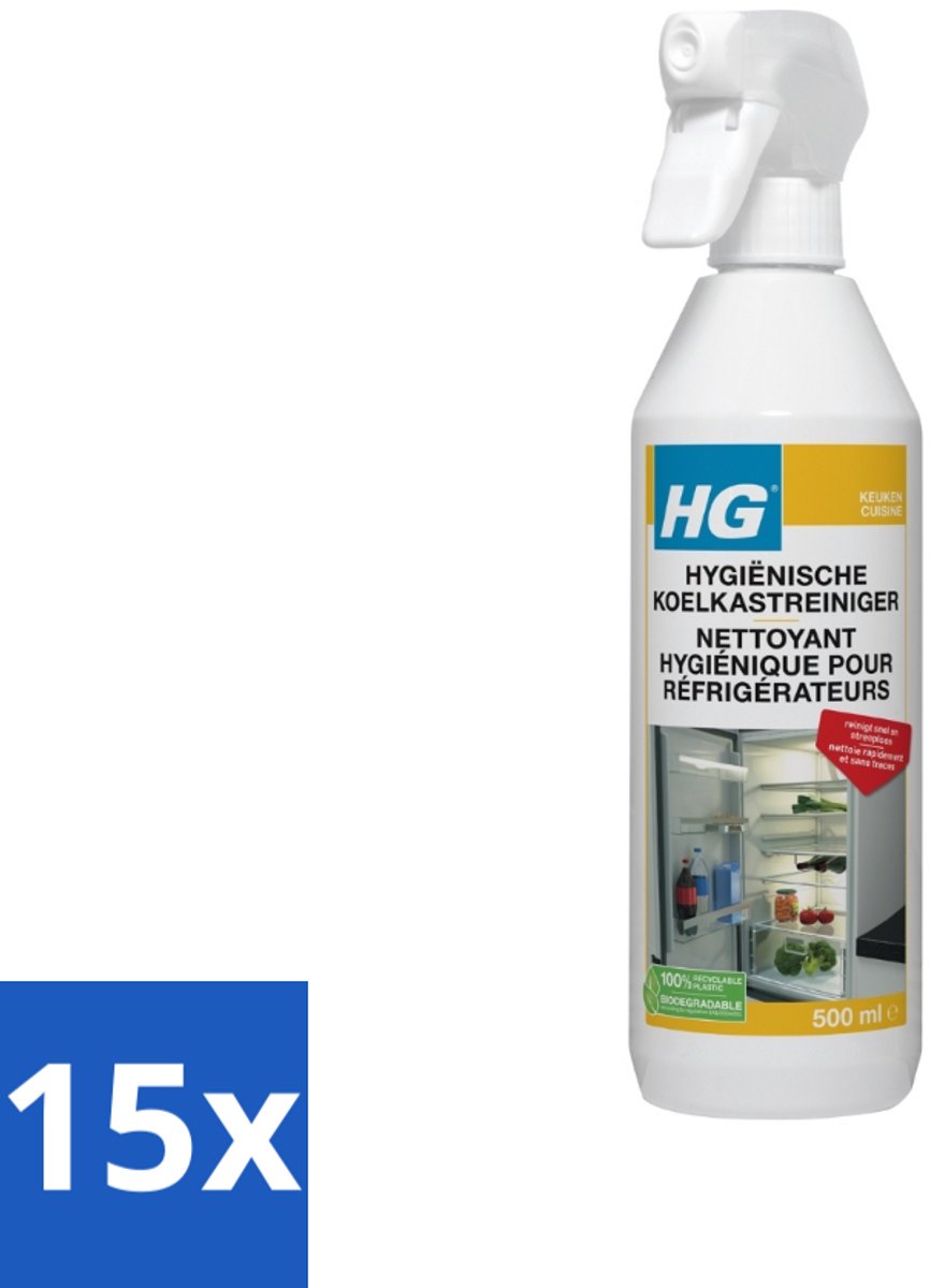 15 x HG - Hygiënische Koelkastreiniger - Reinigt Snel & Streeploos - 500 ml - Voordeelverpakking - 15 stuks