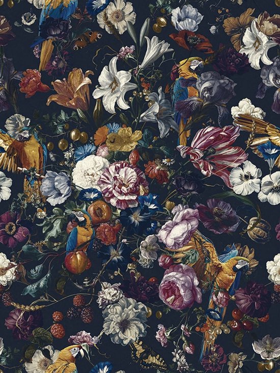 Poster op Papier - 60 x 80 cm - Papegaaien en bloemen op donkere achtergrond - PosterJunkie