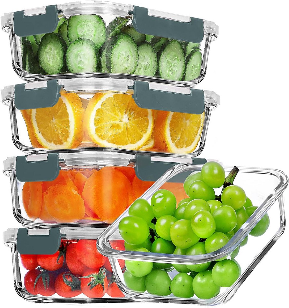 Goodivery® - Glazen Vershoudbakjes - 5 X Grijze Luchtdichte Glazen Maaltijdbakjes Met Deksels - BPA-Vrij - Geschikt Voor Magnetron - Oven - Vriezer En Vaatwasser