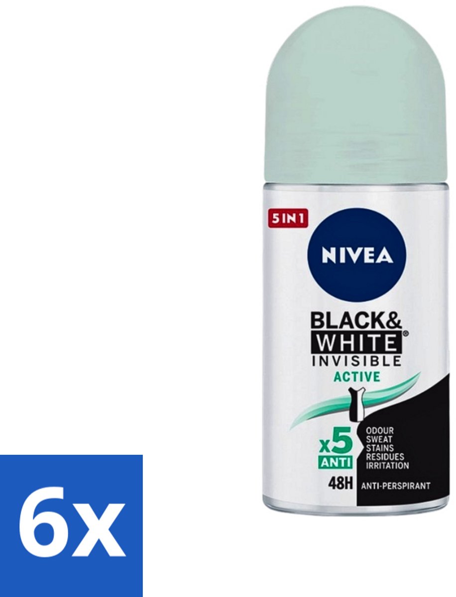6 x Nivea - Deodorant - Roller - Black & White Invisible - Active - 50 ml - Anti-transpirant - Zweetvermindering - Deodorant Roller - Zweetbescherming - Kledingbescherming