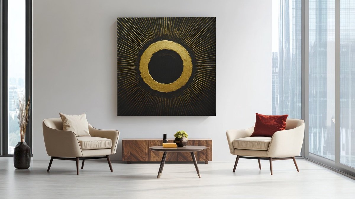 Trendex Global Canvas Schilderij Abstract - Geel - Goud - Zwart - Wanddecoratie - 40x40x2 cm