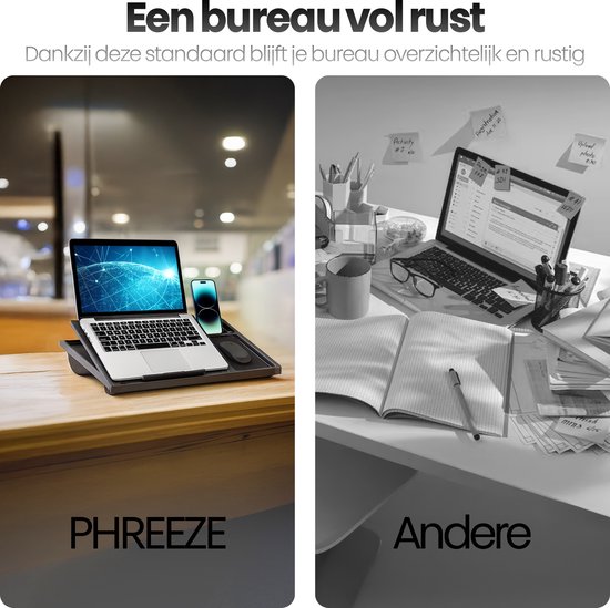 Een nette werkplek met een laptopstandaard en een rommelige werkplek zonder, 'Een bureau vol rust' staat groot weergegeven.