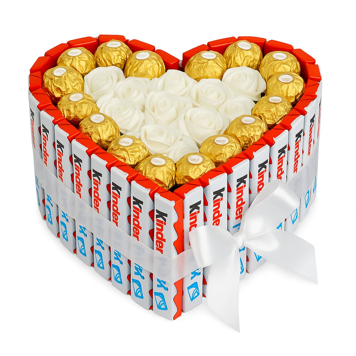Luxe Kinder & Ferrero Rocher Hart Taart met Witte Rozen - valentijn - moederdag