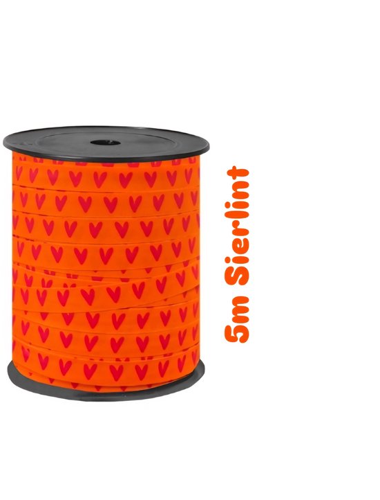 5m Sierlint Oranje met roze hartjes - krullint - cadeau versiering - Niet op spoel geleverd