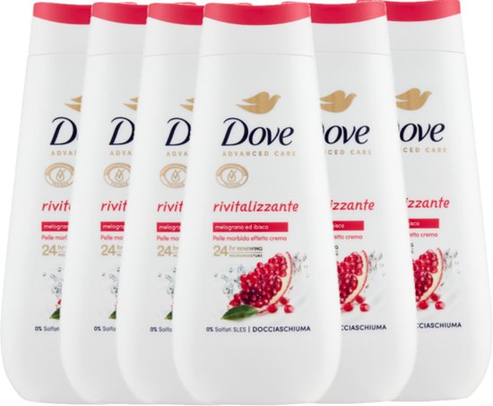 Voordeelverpakking van zes flessen Dove Advanced Care Revitaliserende douchegel met granaatappel.