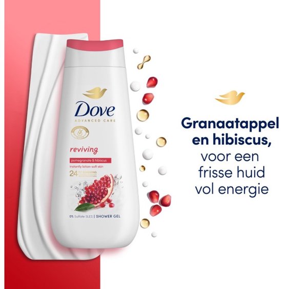 Fles Dove Reviving shower gel met granaatappel en hibiscus. Granaatappel en hibiscus, voor een frisse huid vol energie.
