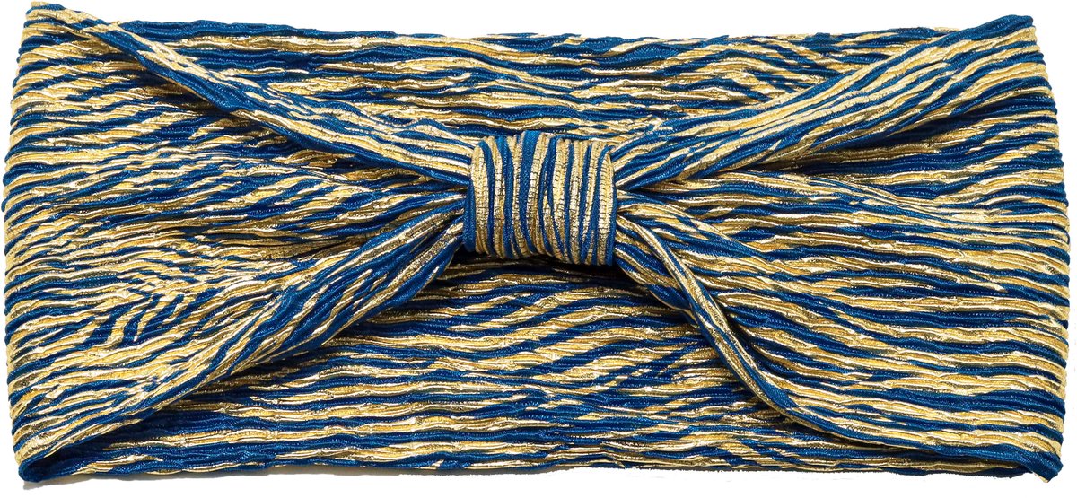 Emilie collection – Haarband – Blauw - Goud – Glitterstof – Elastisch – Strikdetail